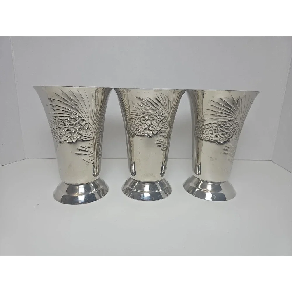 Set of‎ 3 Vintage Hallmark Table Vases Embossed Pine Cones Silver